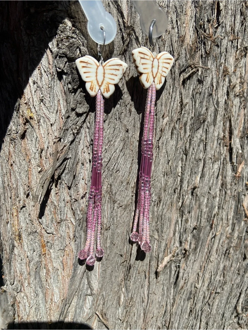 Butterfly Tassel Beaded Drop Earrings - Pink & White